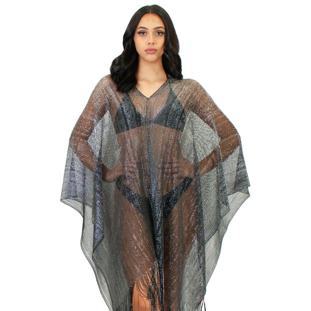 Lazy Daisy Camille finely weaved lurex textile poncho cover-up with a fringe hem